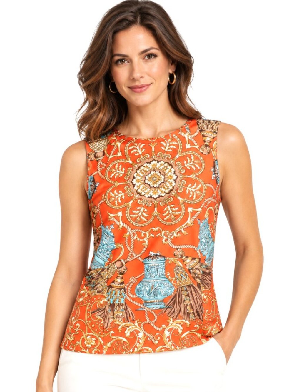 J. McLaughlin Orange Medallion Paisley Print Sleeveless Top